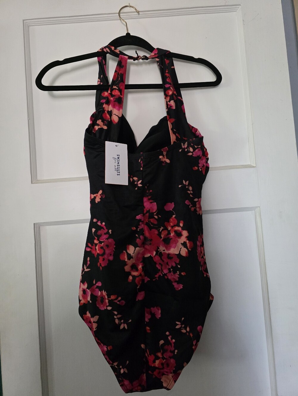 Floral Halter One-Piece Swimsuit - Black with Pink Floral